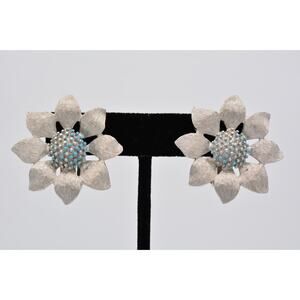 Ledo Vintage Clip Earrings Brushed Silver Blue Enamel Chunky Signed 1980s BinAV